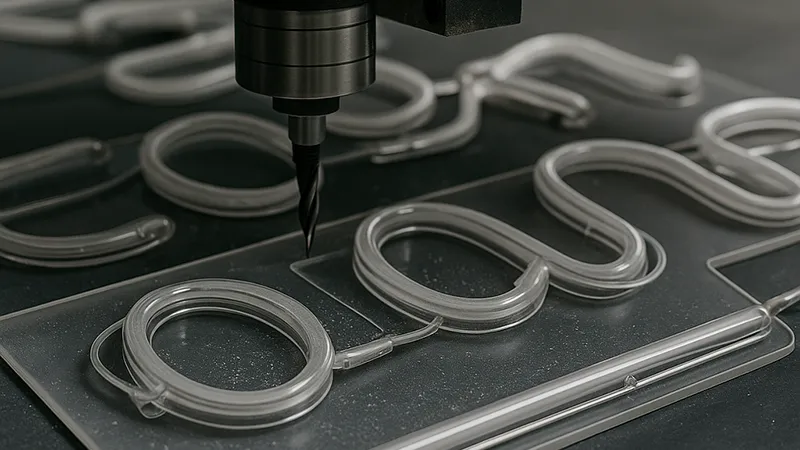 مته دستگاه CNC در حال تراش مسیر حروف نئون روی ورق آکریلیک شفاف در محیط کارگاهی تمیز